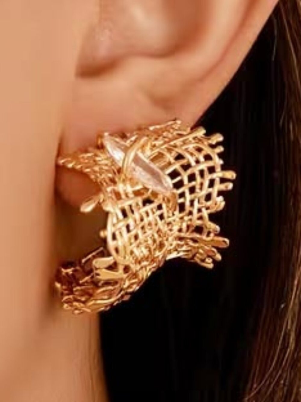 EXQUISITE FIFTH AVENUE GOLDEN MESH DEMIHOOP W/ CRYSTAL EARRINGS N